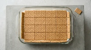 A glass 9x13-inch baking dish filled with a neat, single layer of graham crackers placed over a cream cheese filling, with smaller pieces fitted perfectly to fill the edges.