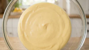 A glass mixing bowl showing a smooth, thick, pale yellow lemon cheesecake filling that is perfectly set and ready to be poured.