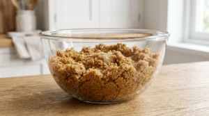 A glass mixing bowl on a wooden kitchen counter filled with a crumbly, buttery graham cracker mixture that looks like wet sand.