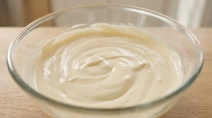 A glass mixing bowl filled with a smooth, pale, and creamy mixture of whipped cream cheese and sweetened condensed milk, sitting on a wooden surface.