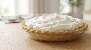 A side-angle shot of a lemon icebox pie topped with a generous, artistic swirl of fluffy, freshly whipped cream, ready to be served.