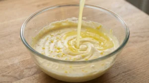 Fresh lemon juice being poured into a smooth, creamy, zesty yellow-tinted cheesecake filling in a glass bowl on a wooden counter.