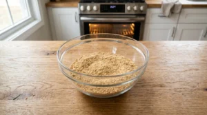 A glass bowl filled with finely ground graham cracker crumbs sitting on a wooden kitchen counter, with an oven preheating to 350°F in the background.