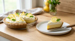 A beautiful lemon icebox pie in a dish with one slice removed and placed on a white plate, garnished with lemon slices and fresh mint leaves, with a knife resting on the plate.