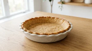 A golden-brown graham cracker crust pressed firmly into a scalloped 9-inch pie dish, ready for the filling.