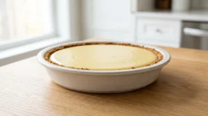 A side-angle shot of a smooth, pale yellow lemon pie filling being perfectly leveled inside a pre-baked, golden graham cracker crust within a ceramic pie dish.