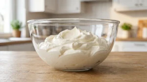 A glass mixing bowl filled with smooth, white, whipped cream cheese, sitting on a wooden kitchen counter.