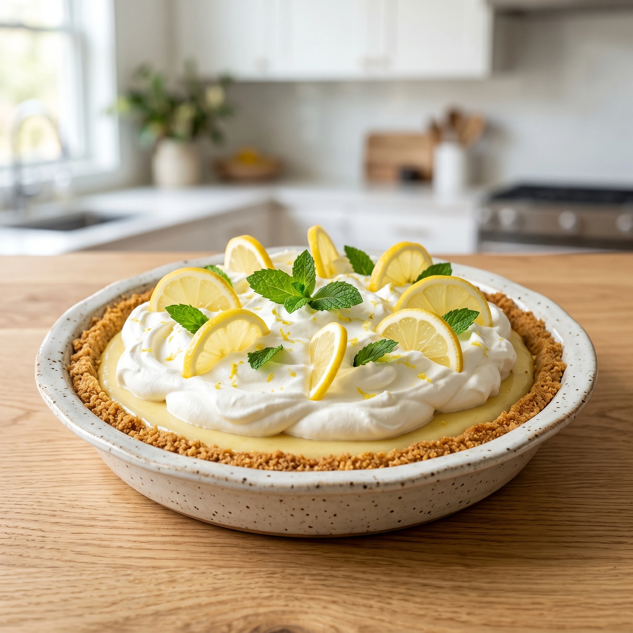 A beautifully finished Lemon Icebox Pie in a ceramic dish, topped with swirls of whipped cream, fresh lemon slices, and mint leaves, sitting on a wooden kitchen counter.