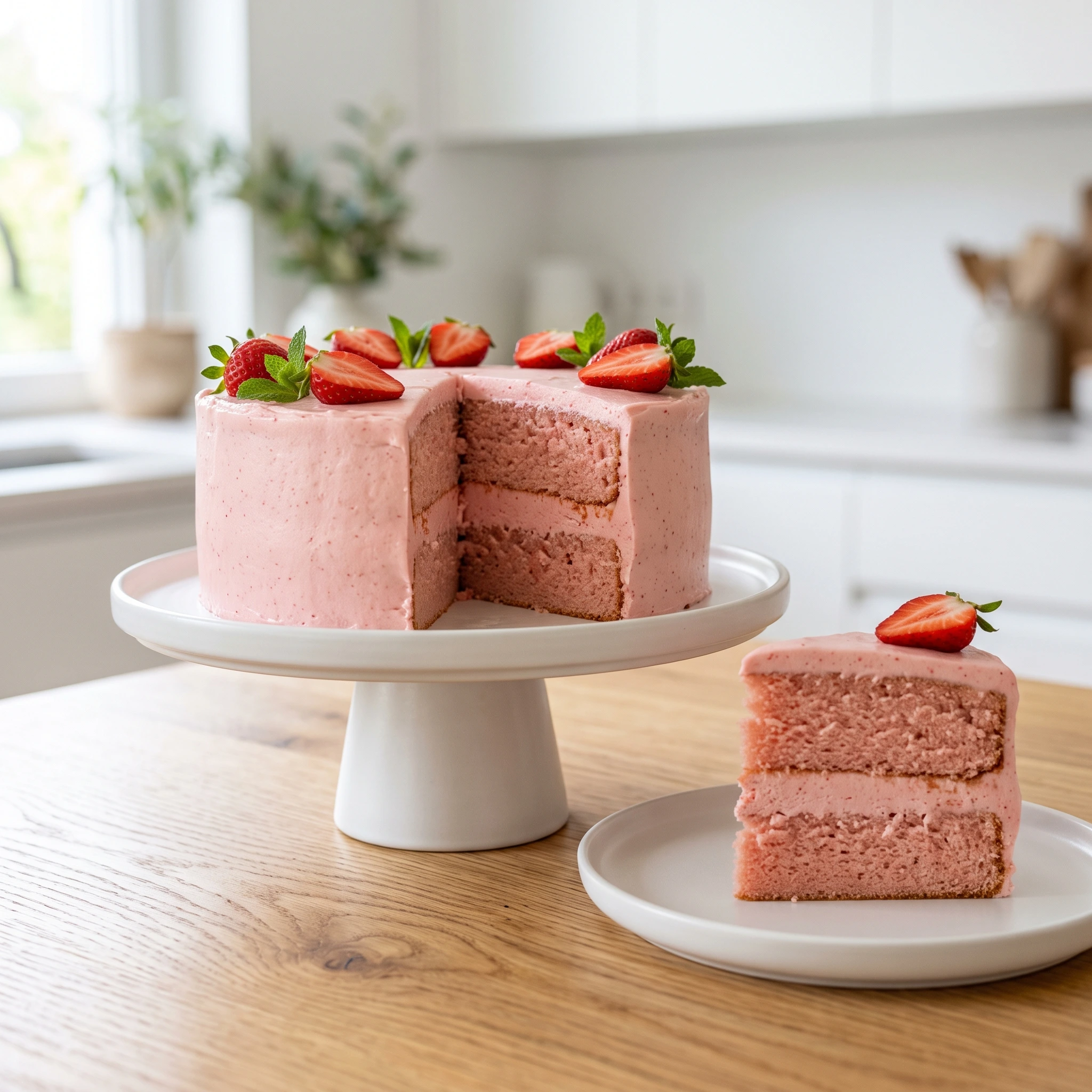 "A beautiful two-layer homemade strawberry cake with fresh cream cheese frosting, topped with fresh strawberries and mint on a white stand with a served slice on a side plate."