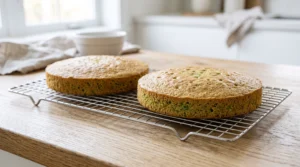 "Two freshly baked, golden-green pistachio cake layers cooling on a wire rack on a wooden kitchen counter."