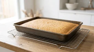 "A freshly baked, golden-brown rectangular vanilla sheet cake in a metal pan, cooling on a wire rack on a wooden kitchen counter."