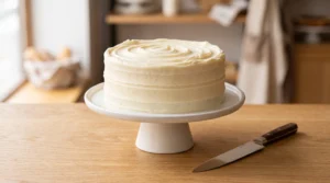 A beautiful two-layer carrot cake on a white pedestal stand, completely covered in smooth, creamy frosting, with a cake knife resting beside it on a wooden table.