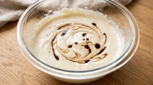 "Dark pure vanilla extract swirling into a creamy, pale cake batter in a clear glass bowl on a light oak wooden surface."