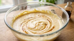 "A large glass bowl containing creamed butter and sugar mixture with a fresh splash of dark liquid vanilla extract, ready to be mixed on a light oak kitchen surface."