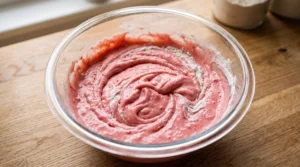 "A glass bowl containing smooth, natural pink strawberry cake batter on a light oak surface, showing the final gentle mixing of flour and whole milk."