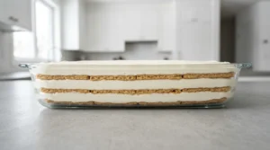 A glass 9x13-inch baking dish showing the final assembled icebox cake with perfectly alternating 3 layers of graham crackers and 4 layers of creamy white filling.