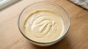 A glass mixing bowl on a wooden counter with thick, smooth cake batter being gently folded with a spatula to incorporate oil.
