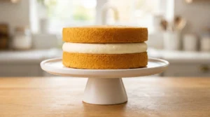 A beautifully assembled two-layer vanilla bean cake sitting on a white cake stand, with a thick, smooth layer of vanilla bean buttercream frosting visible between the golden-brown cake layers.