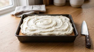 "A freshly baked vanilla sheet cake in a metal pan, topped with a generous layer of smooth, creamy vanilla buttercream, sitting next to a kitchen knife."