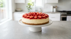 A complete no-bake strawberry cheesecake on a white cake stand, topped with beautifully arranged fresh strawberry slices over a smooth glaze, ready to be served.