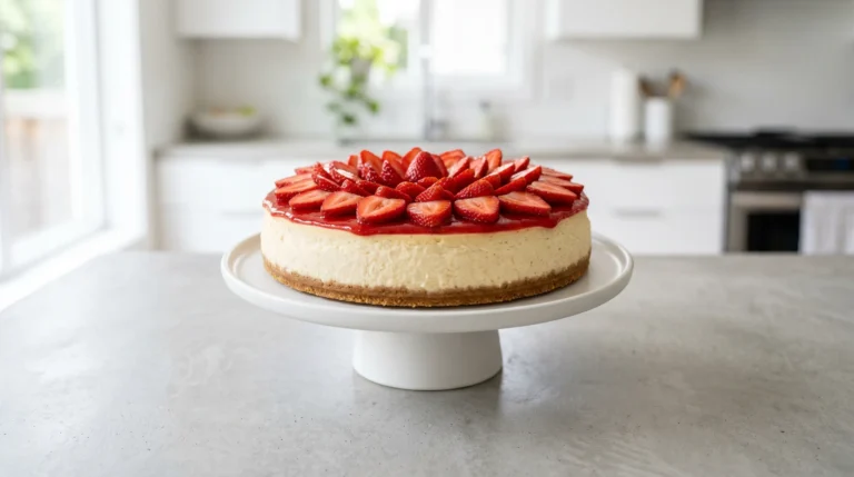 A complete no-bake strawberry cheesecake on a white cake stand, topped with beautifully arranged fresh strawberry slices over a smooth glaze, ready to be served.