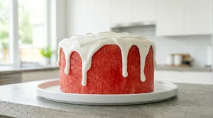 A freshly assembled watermelon cake on a white serving platter, beautifully frosted with a thick layer of whipped cream that is dripping down the sides.