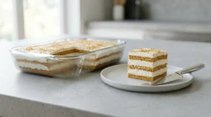 A beautiful, clean-cut square slice of layered icebox cake on a white plate, served next to the main baking dish on a bright kitchen counter.