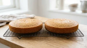 A glass mixing bowl filled with fluffy, pale-colored vanilla bean buttercream frosting, featuring tiny black specks of real vanilla bean throughout, ready for piping onto a cake.