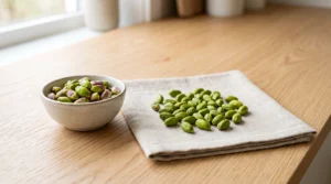 "Shelled raw green pistachios in a small bowl and on a linen cloth, being prepared for a homemade pistachio cake."