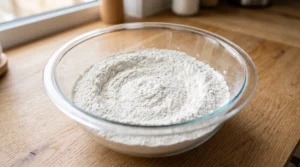 "A large glass bowl filled with whisked all-purpose flour, cornstarch, baking powder, baking soda, and salt on a bright wooden kitchen counter."