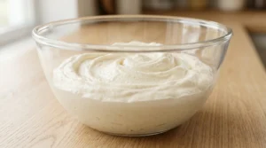 A glass mixing bowl on a wooden counter containing a thick, smooth, and pale yellow cake batter, perfectly emulsified after adding eggs and vanilla bean paste.