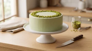 "A beautifully frosted, smooth pale green pistachio cake on a white cake stand, garnished with a crown of chopped pistachios, with a knife on the side."