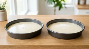 Two round baking pans filled with raw vanilla bean cake batter, sitting on a wooden kitchen counter, ready to be placed in the oven for baking.
