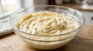A glass mixing bowl on a wooden kitchen counter containing a pale, fluffy, and aerated butter and sugar mixture, showing the perfect base for a Vanilla Bean Cake.