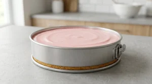 A 9-inch springform pan sitting on a grey kitchen counter, filled with a smooth, bright pink strawberry cheesecake mixture that has been leveled off, ready to be chilled.
