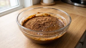 The wet, glossy batter and the dry flour mixture are actively being folded together in a glass bowl with a spatula, creating a marbled texture on a wooden counter.