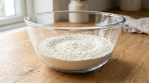 A glass mixing bowl sitting on a wooden kitchen counter, filled with a mound of white flour and other dry baking ingredients neatly incorporated for a Vanilla Bean Cake.