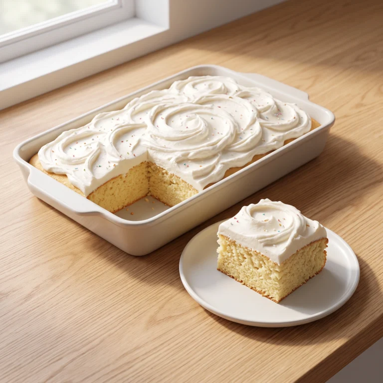 "A beautifully frosted vanilla sheet cake in a rectangular dish with one square slice served on a plate."
