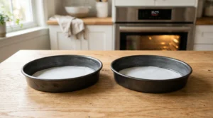 Two round baking pans sitting on a clean wooden kitchen counter, both greased and lined with white parchment paper rounds, with an oven in the background preheating to 350°F.