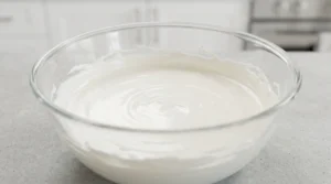 A glass mixing bowl showing a smooth, creamy white cheesecake batter being blended with vanilla and sugar, set on a bright kitchen counter.
