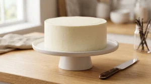 A beautifully finished, perfectly smooth two-layer vanilla bean cake sitting on a white cake stand, with a small jar of vanilla beans and a knife resting nearby on a wooden counter.