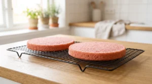 "Two perfectly baked pink strawberry cake layers resting on a black wire cooling rack over a light oak wooden counter."