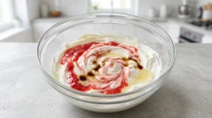A clear glass mixing bowl on a kitchen counter filled with a creamy white cheesecake base, with swirls of bright red strawberry puree, lemon juice, and drops of vanilla extract, ready to be folded together.