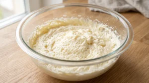 "A large glass bowl containing creamed butter and sugar, beaten until pale, light, and fluffy, sitting on a wooden kitchen counter."