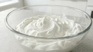 A glass bowl containing fresh heavy cream whipped to stiff peaks, ready to be incorporated into a creamy cheesecake filling.