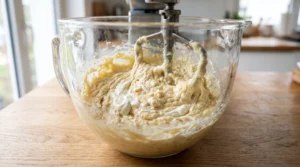 "A large glass bowl on a stand mixer containing cake batter mixed with sour cream, shown on a light oak kitchen surface."
