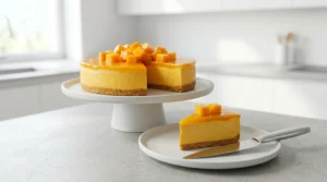 A beautiful slice of no-bake mango cheesecake on a plate with a serving knife, demonstrating a clean, smooth cut.
