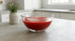 A clear glass mixing bowl on a grey kitchen counter filled with a vibrant, smooth, bright red strawberry puree, with a small potted herb in the background.
