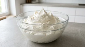 A glass mixing bowl showing freshly whipped heavy cream with firm, defined stiff peaks, ready to be folded into the cheesecake mixture.