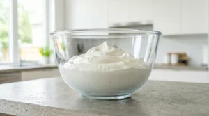 A glass bowl filled with freshly whipped, fluffy white cream with soft peaks, sitting on a kitchen counter.